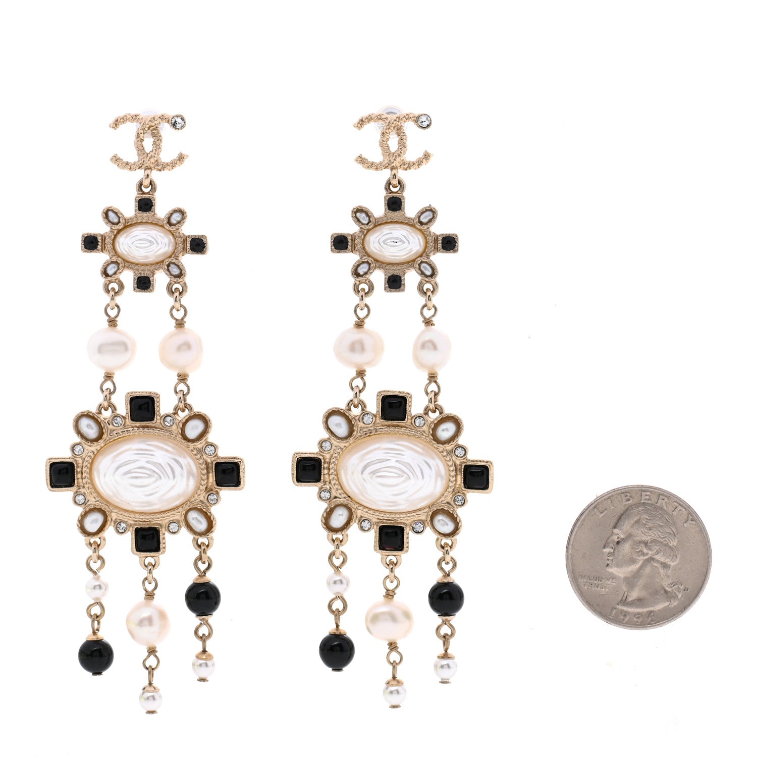 Chanel Enamel Pearl CC Drop Earrings Black Gold 2 of 5