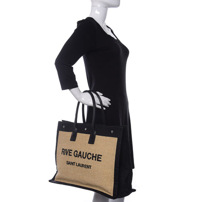 Saint Laurent Raffia Linen Calfskin Rive Gauche Tote Naturale Black 2 of 10