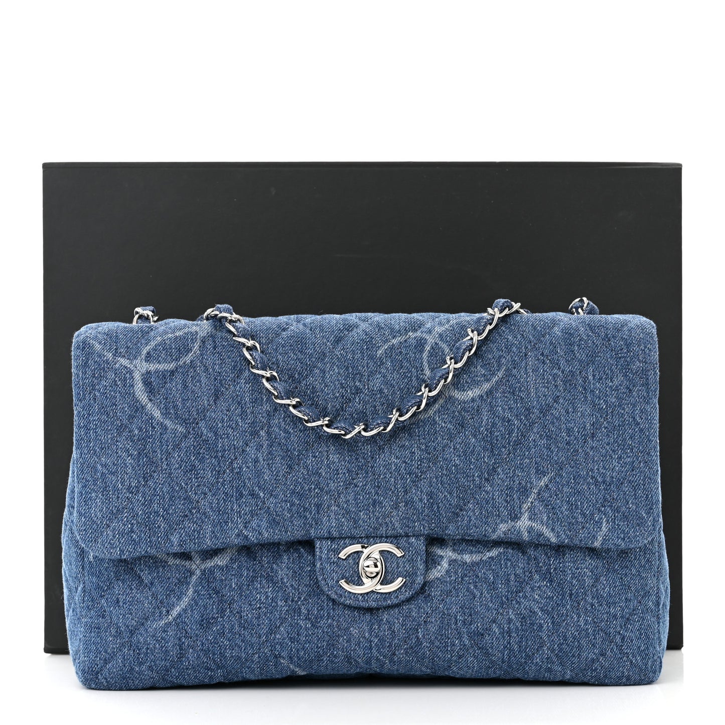 Denim Quilted CC Print Jumbo Single Flap Blue