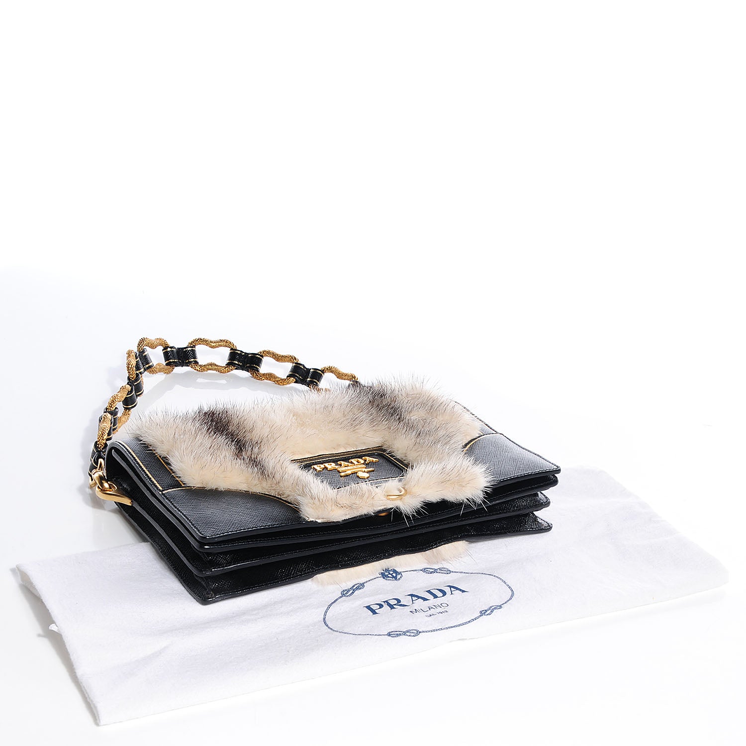 Prada Saffiano Mink Fur Accordion Flap Bag Black 4 of 9