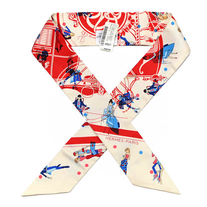 Hermes Silk Ex-Libris Les Parisie Twilly Creme Rouge Bleu 1 of 4
