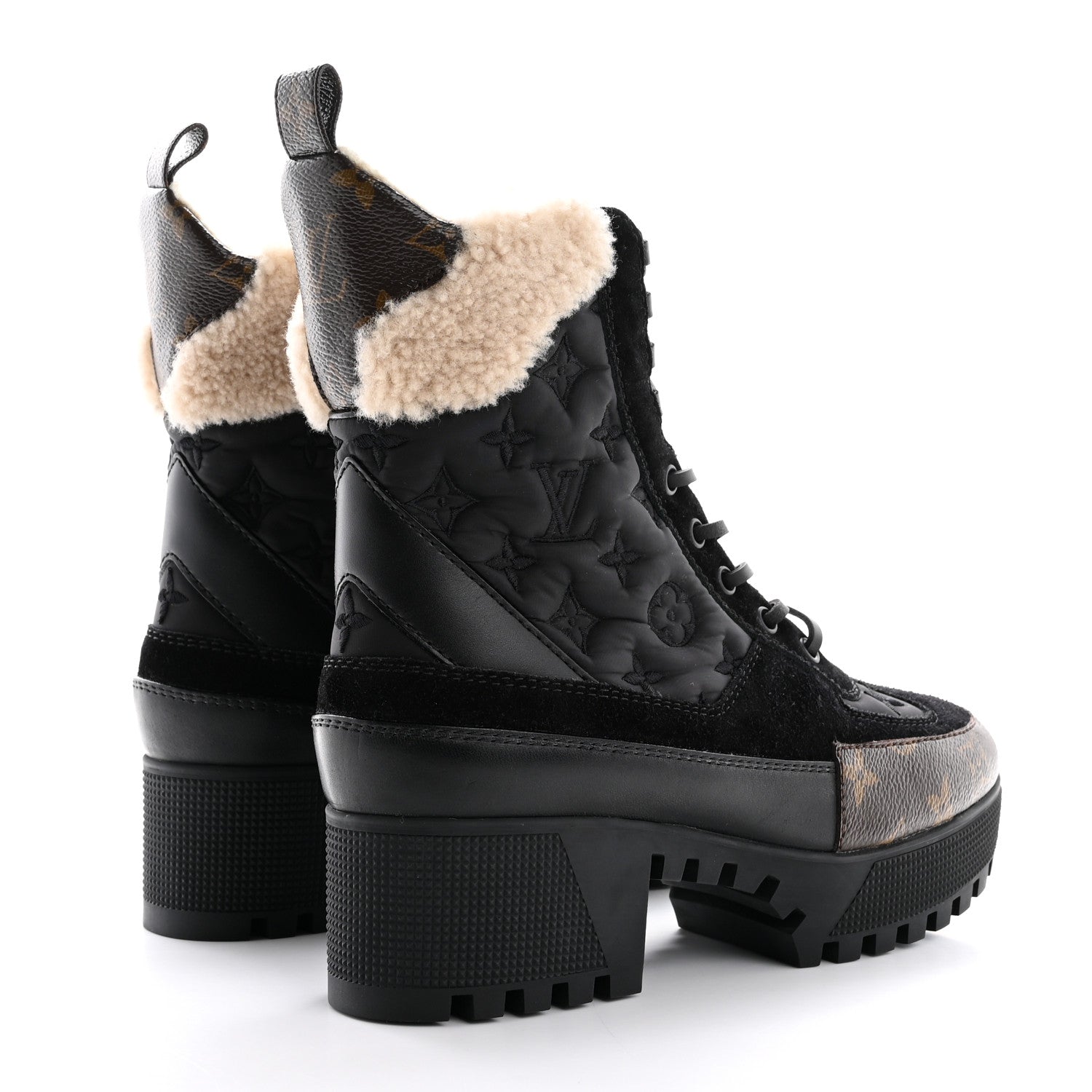 Louis Vuitton Nylon Suede Calfskin Shearling Monogram Laureate Platform Boots 38 Black 5 of 12