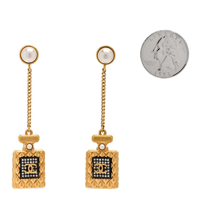 Chanel Crystal Pearl CC Perfume Bottle Chain Drop Earrings Gold 2 of 5