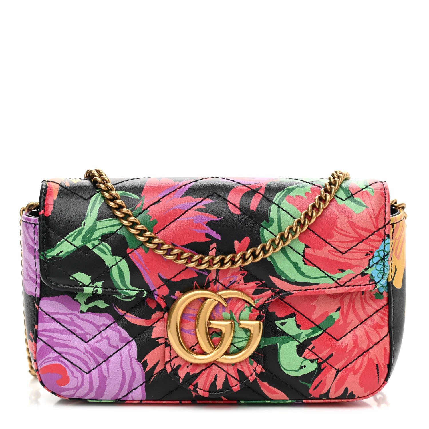 Gucci X KEN SCOTT Calfskin Matelasse Floral Print Super Mini GG Marmont Shoulder Bag Black 1 of 9