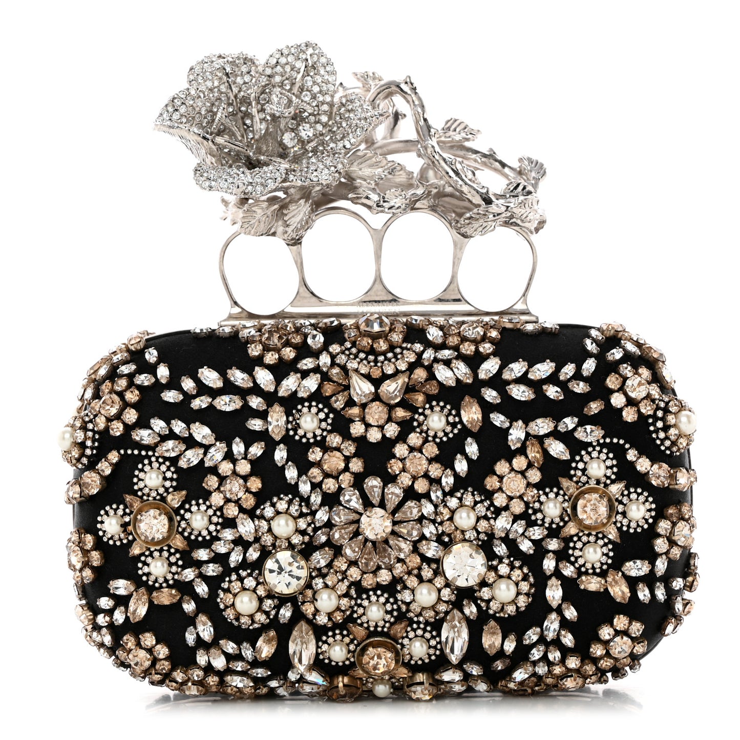 Satin Embellished Floral Knuckle Duster Box Clutch Black