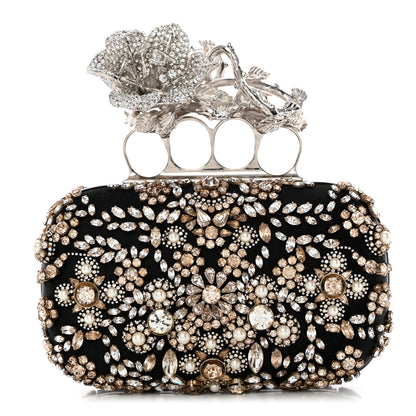 Alexander McQueen Satin Embellished Floral Knuckle Duster Box Clutch Black 1 of 11