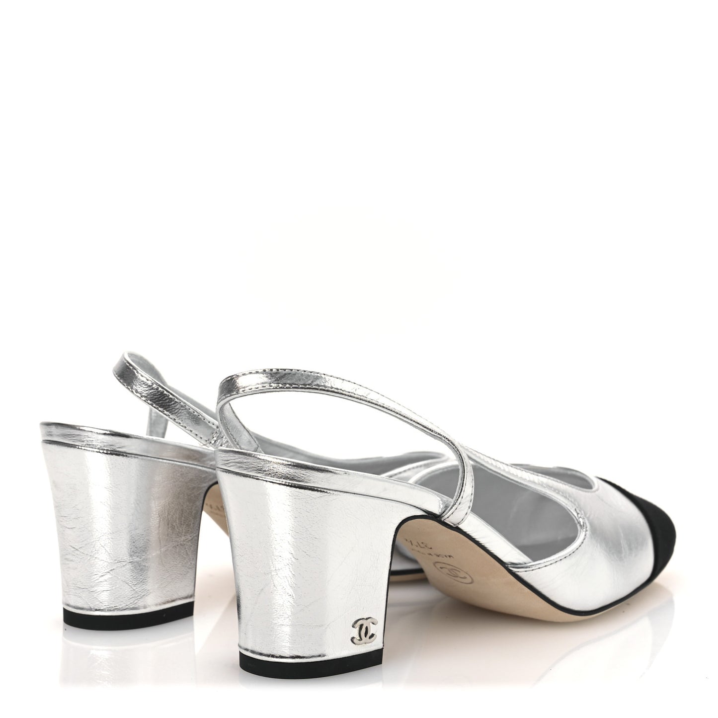 Laminated Crumpled Lambskin Grosgrain Cap Toe CC Slingback Pumps 37.5 Silver Black