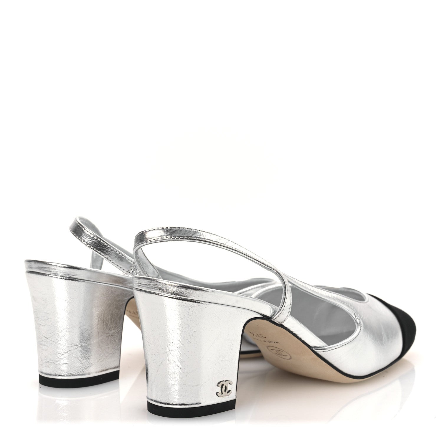 Chanel Laminated Crumpled Lambskin Grosgrain Cap Toe CC Slingback Pumps 37.5 Silver Black 5 of 12