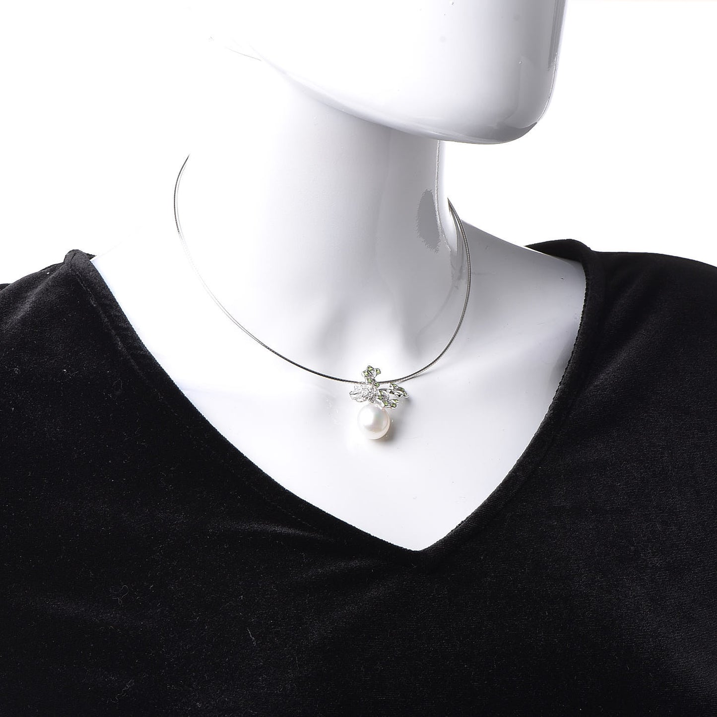 18K White Gold Diamond Demantoid Garnet Akoya Pearl Flower Drop Pendant Necklace