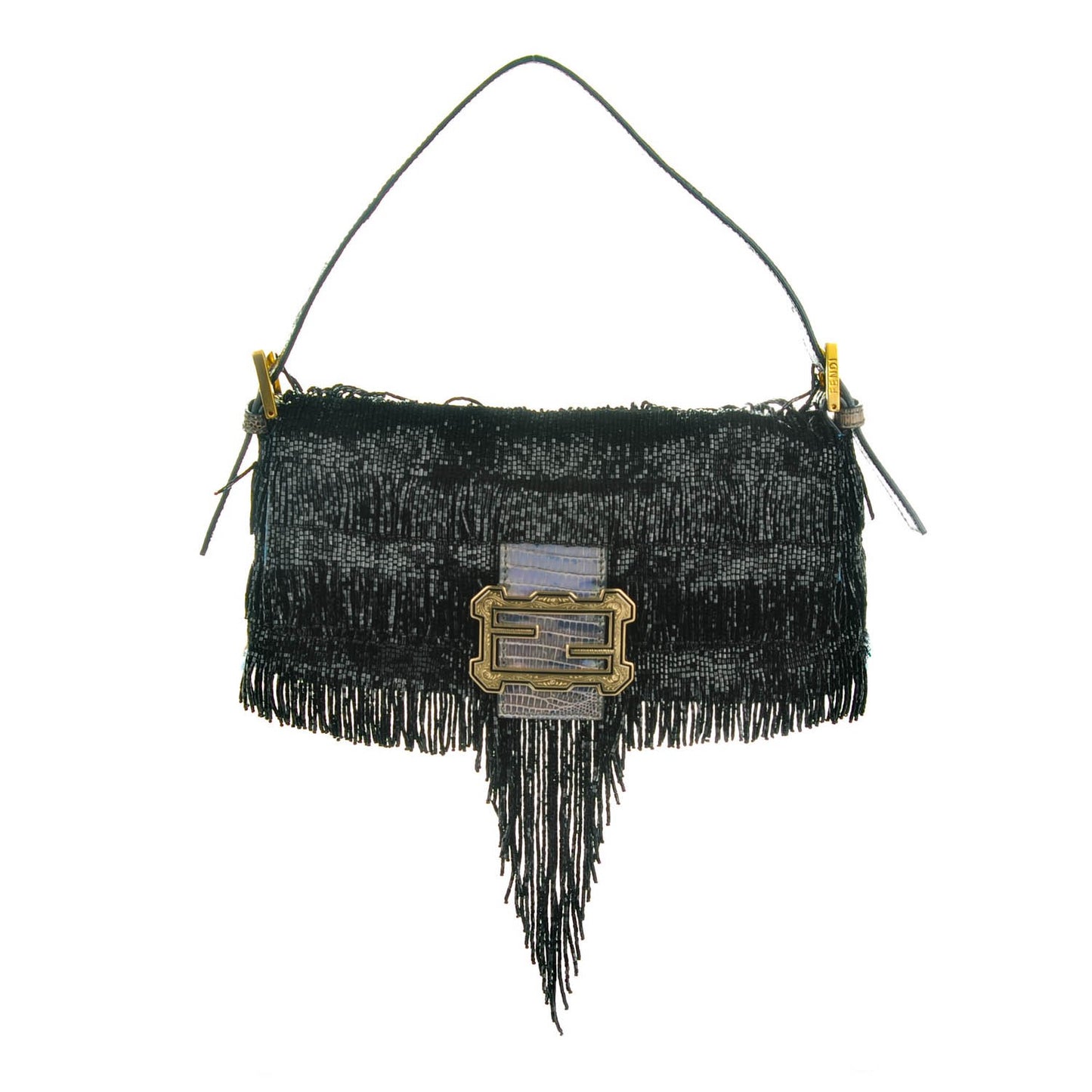 Lizard Beaded Fringe Baguette Black