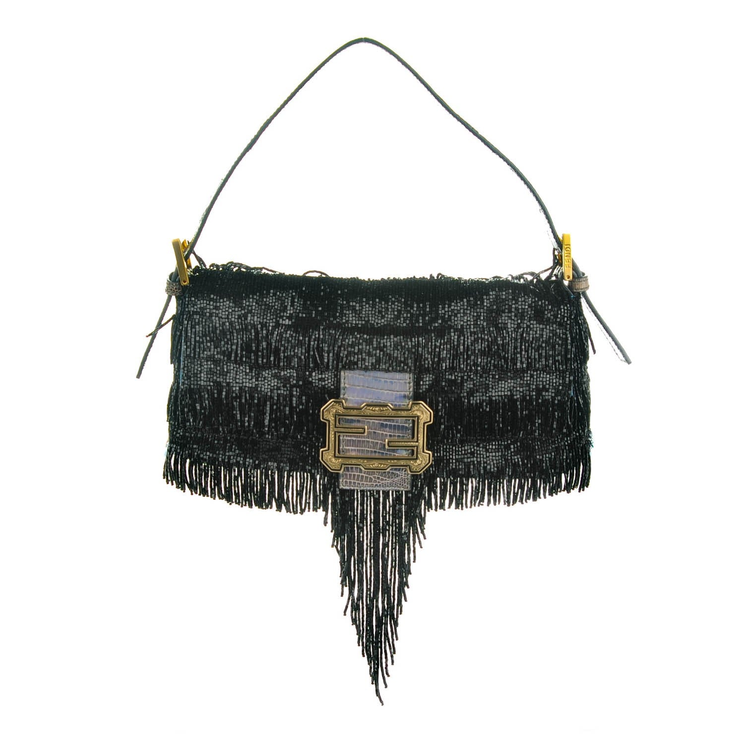 Fendi Lizard Beaded Fringe Baguette Black 1 of 10