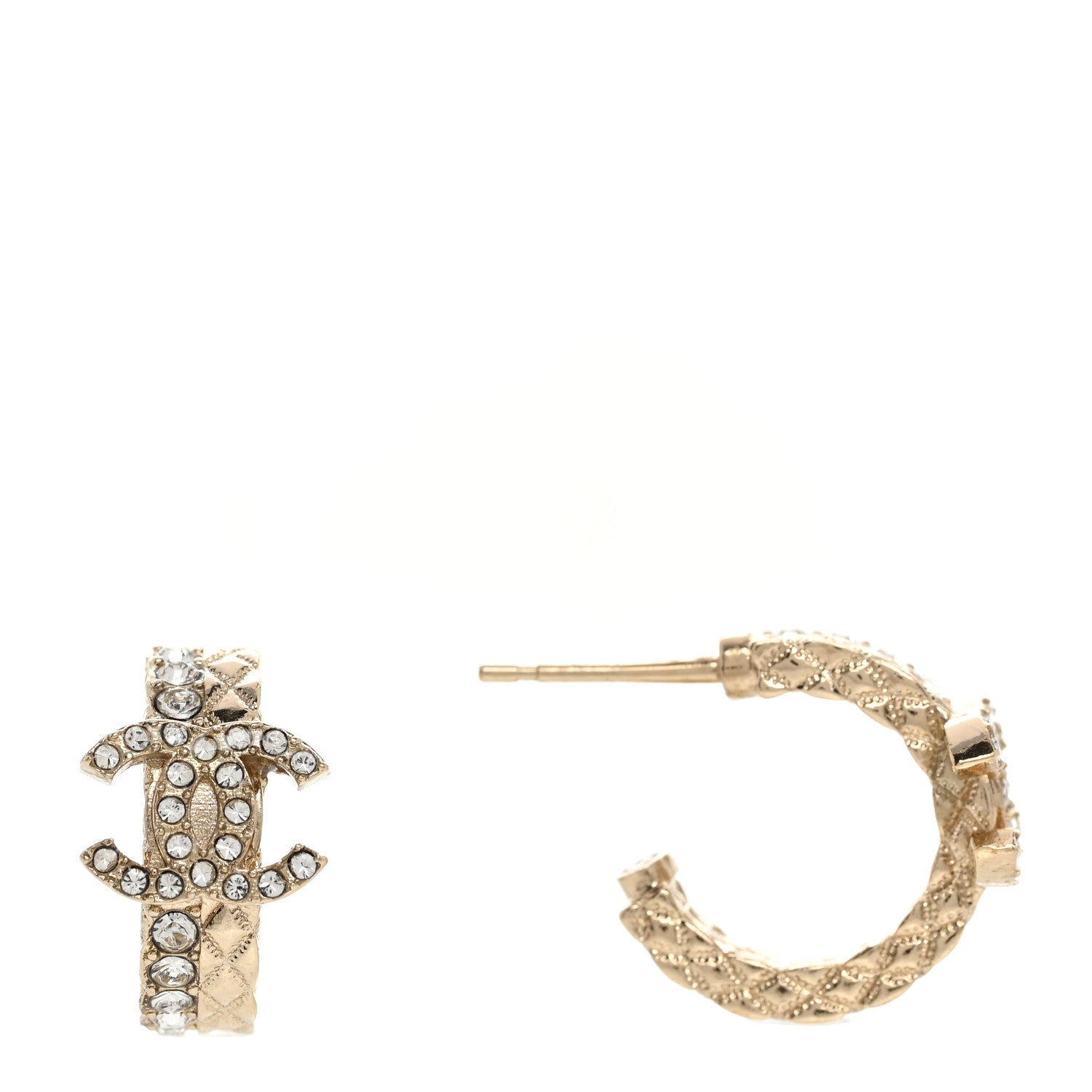 Chanel Metal Crystal Quilted CC Hoop Earrings Gold 1 of 5