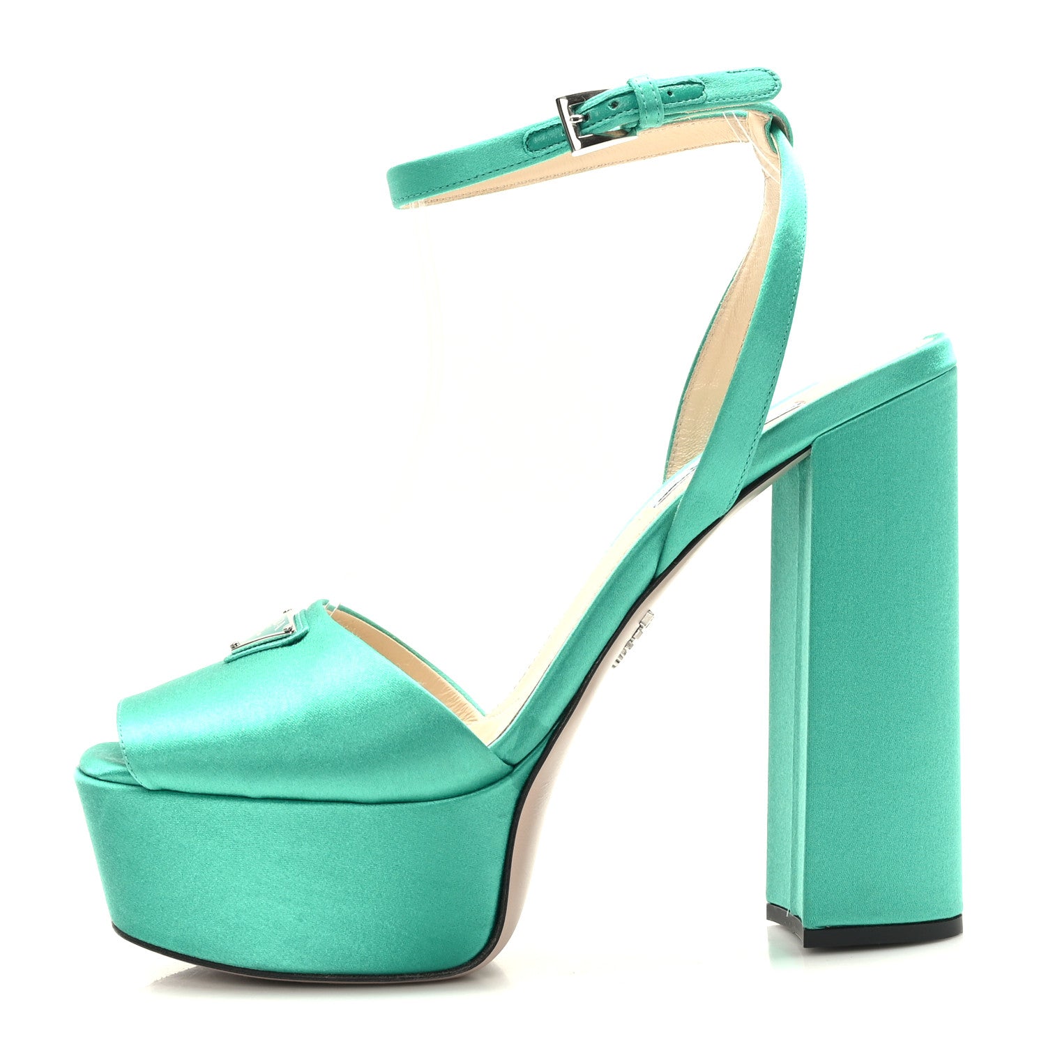 Prada Satin Metal Triangle Logo Ankle Strap 40/135mm Platform Sandals 38.5 Assenzio 1 of 7