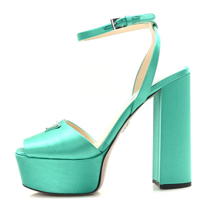 Prada Satin Metal Triangle Logo Ankle Strap 40/135mm Platform Sandals 38.5 Assenzio 1 of 7