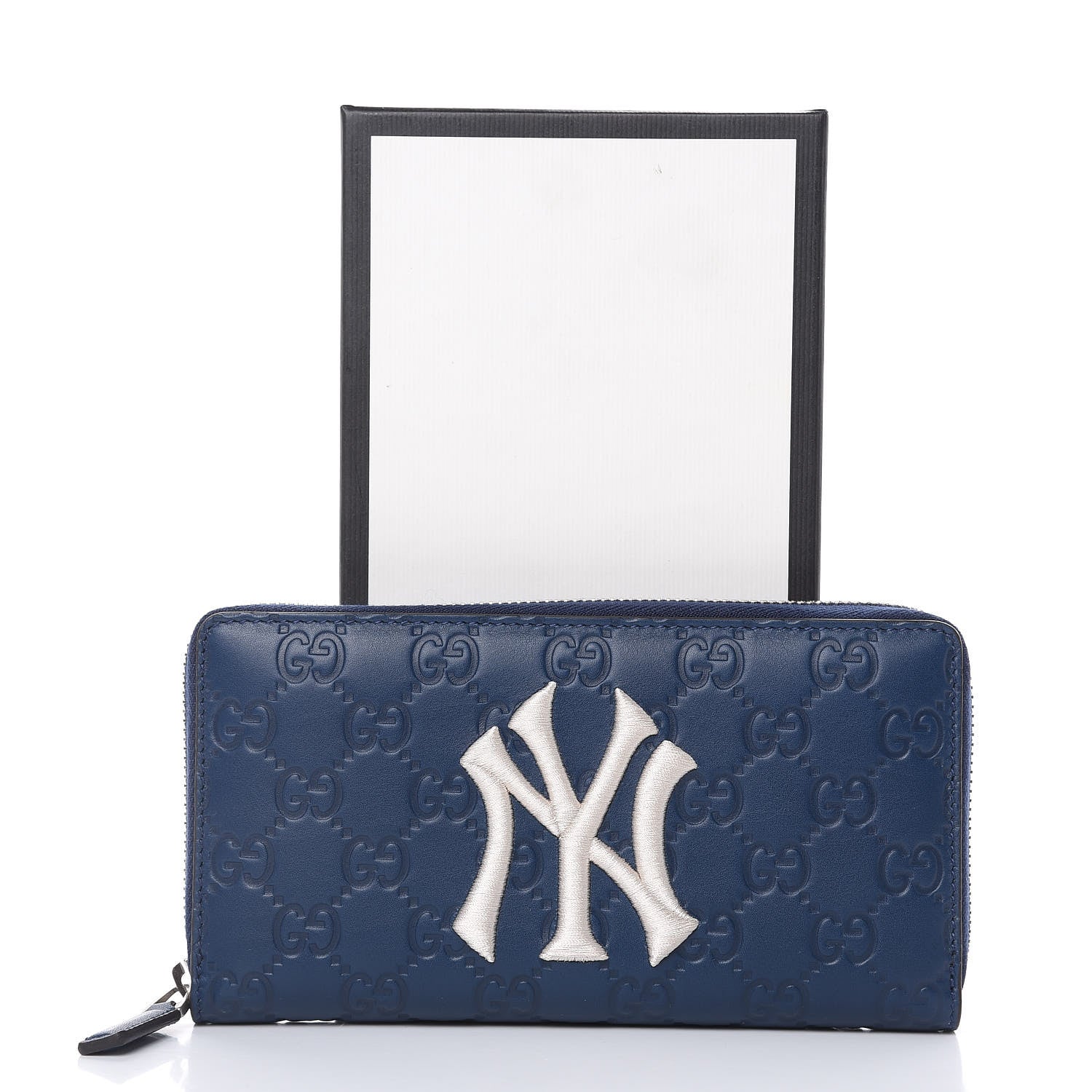 Gucci X MLB Guccissima Signature NY Yankees Embroidered Zip Around Wallet Royale Ivory 9 of 9