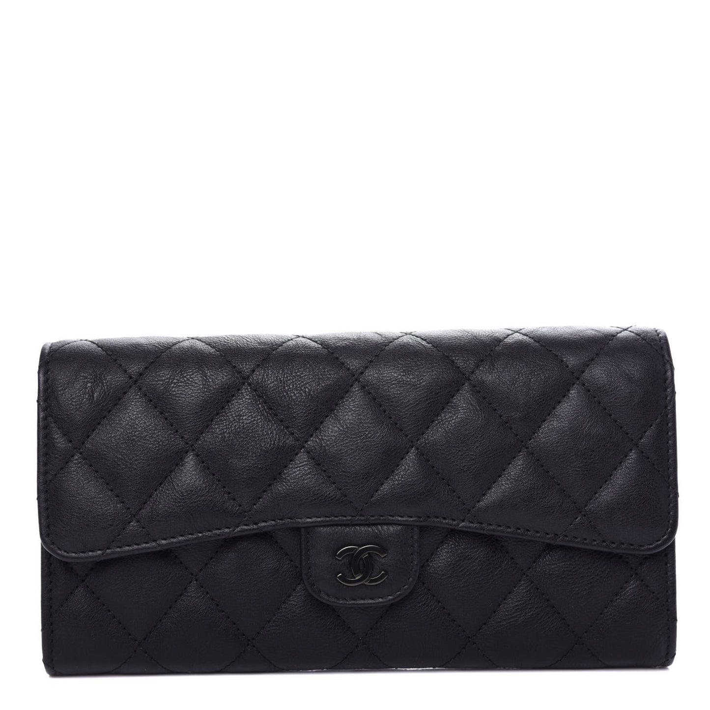 Crumpled Calfskin Quilted Large Flap Wallet So Black