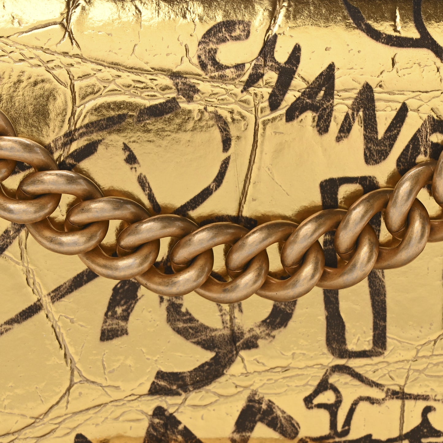 Metallic Calfskin Crocodile Embossed Graffiti Medium Cocodile Boy Flap Gold