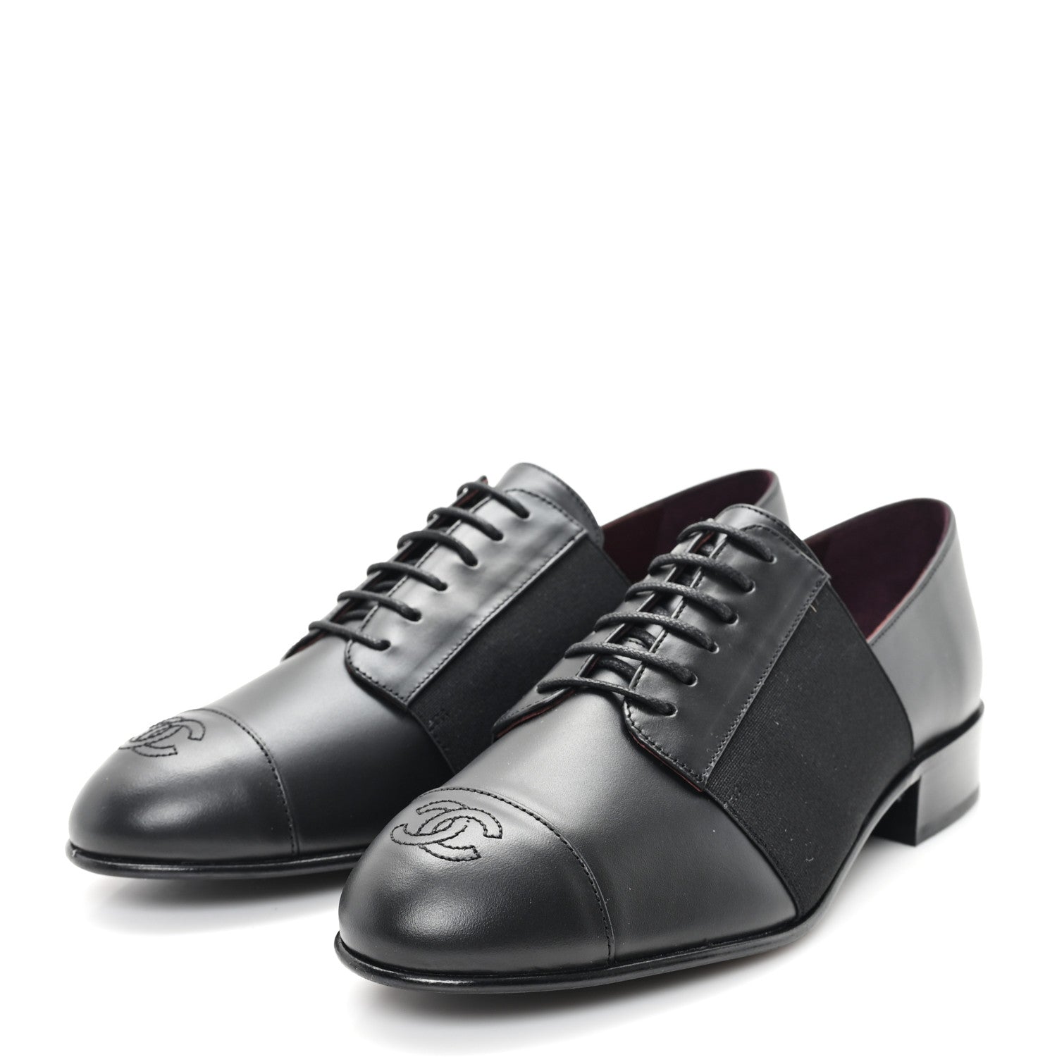 Chanel Calfskin Elastic Lace Up Cap Toe CC Loafers 36.5 Black 4 of 9