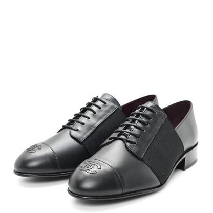 Chanel Calfskin Elastic Lace Up Cap Toe CC Loafers 36.5 Black 4 of 9