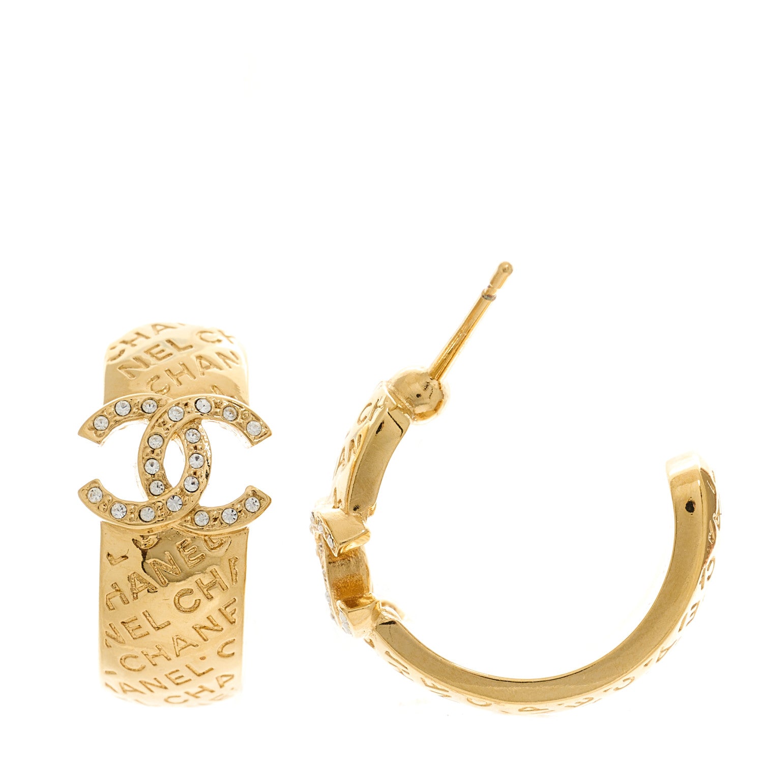 Chanel Metal Crystal CC Logo Hoop Earrings Gold 1 of 5