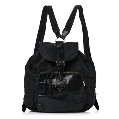 Prada Tessuto Nylon Crocodile Embossed Calfskin Cinch Backpack Black 1 of 28