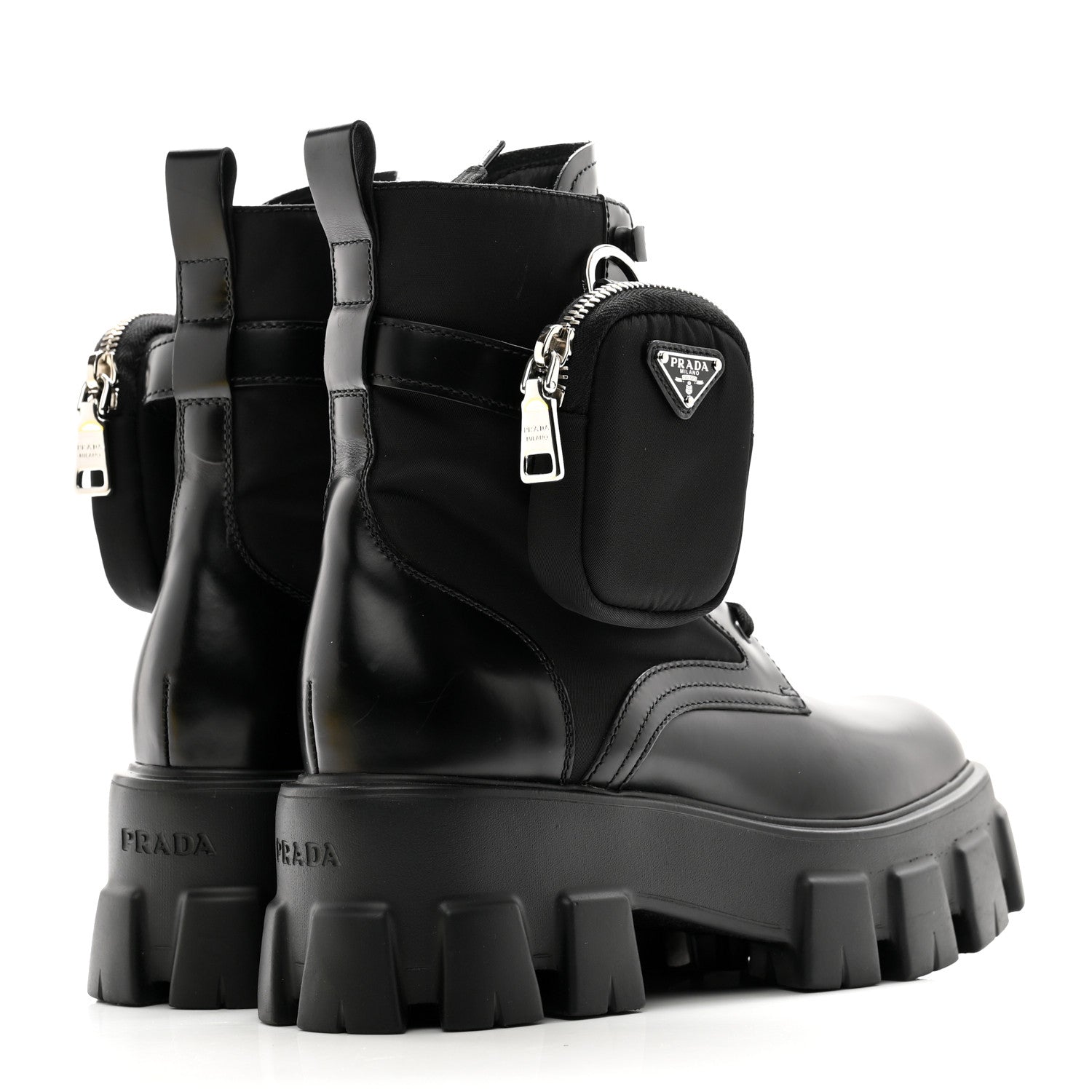 Prada Spazzolato Rois Re-Nylon Metal Triangle Logo Monolith Pouch Pocket 55mm Boots 37 Black 4 of 8