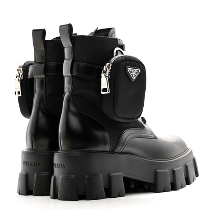 Prada Spazzolato Rois Re-Nylon Metal Triangle Logo Monolith Pouch Pocket 55mm Boots 37 Black 4 of 8