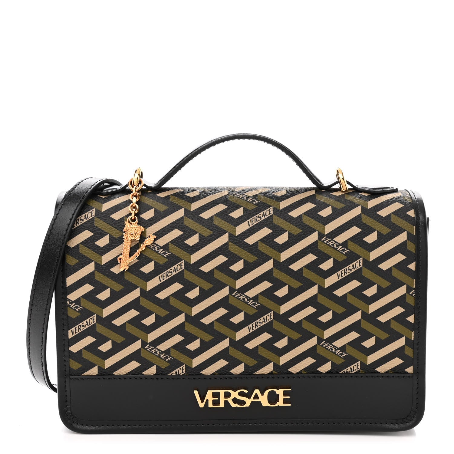 Versace Coated Canvas La Greca Signature Top Handle Bag Black Khaki 1 of 9