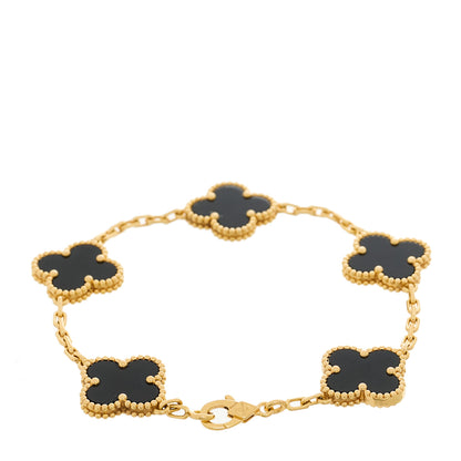 Van Cleef & Arpels 18K Yellow Gold Black Onyx 5 Motifs Vintage Alhambra Bracelet 2 of 5