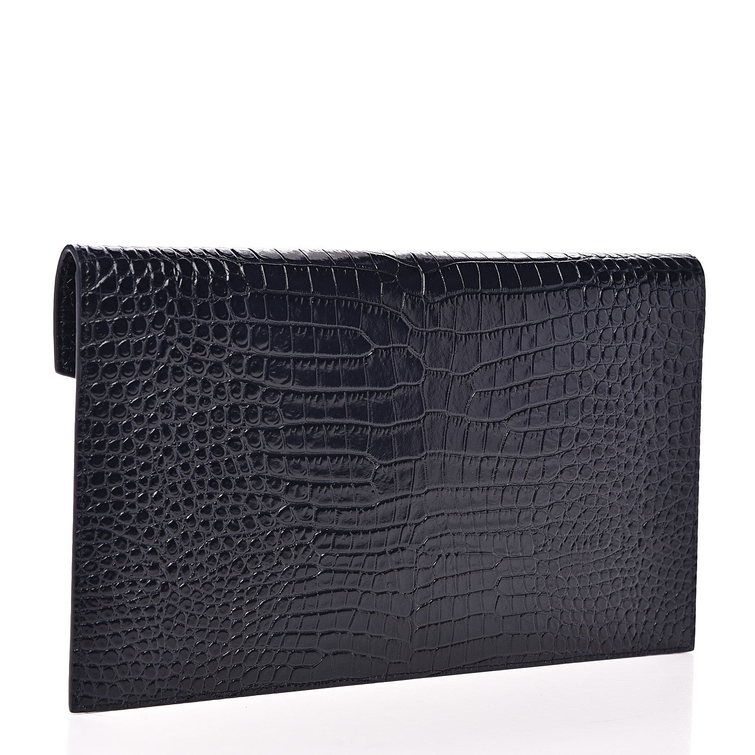 Saint Laurent Calfskin Crocodile Embossed Uptown Monogram Clutch Deep Marine 2 of 6