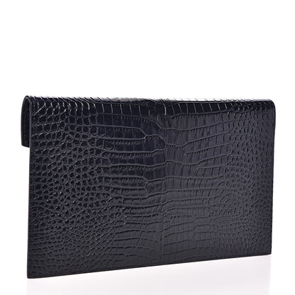 Saint Laurent Calfskin Crocodile Embossed Uptown Monogram Clutch Deep Marine 2 of 6