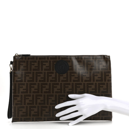 Fendi Glazed Fabric Vitello Century FF 1974 Stamp Patch Large Flat Pouch Mogano Panna Black 2 of 12