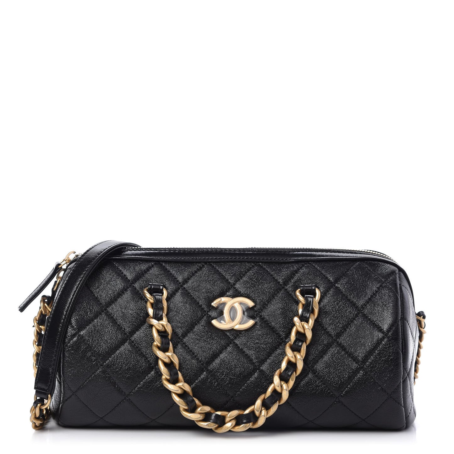Shiny Lambskin Quilted Fashion Therapy Bowling Bag Black