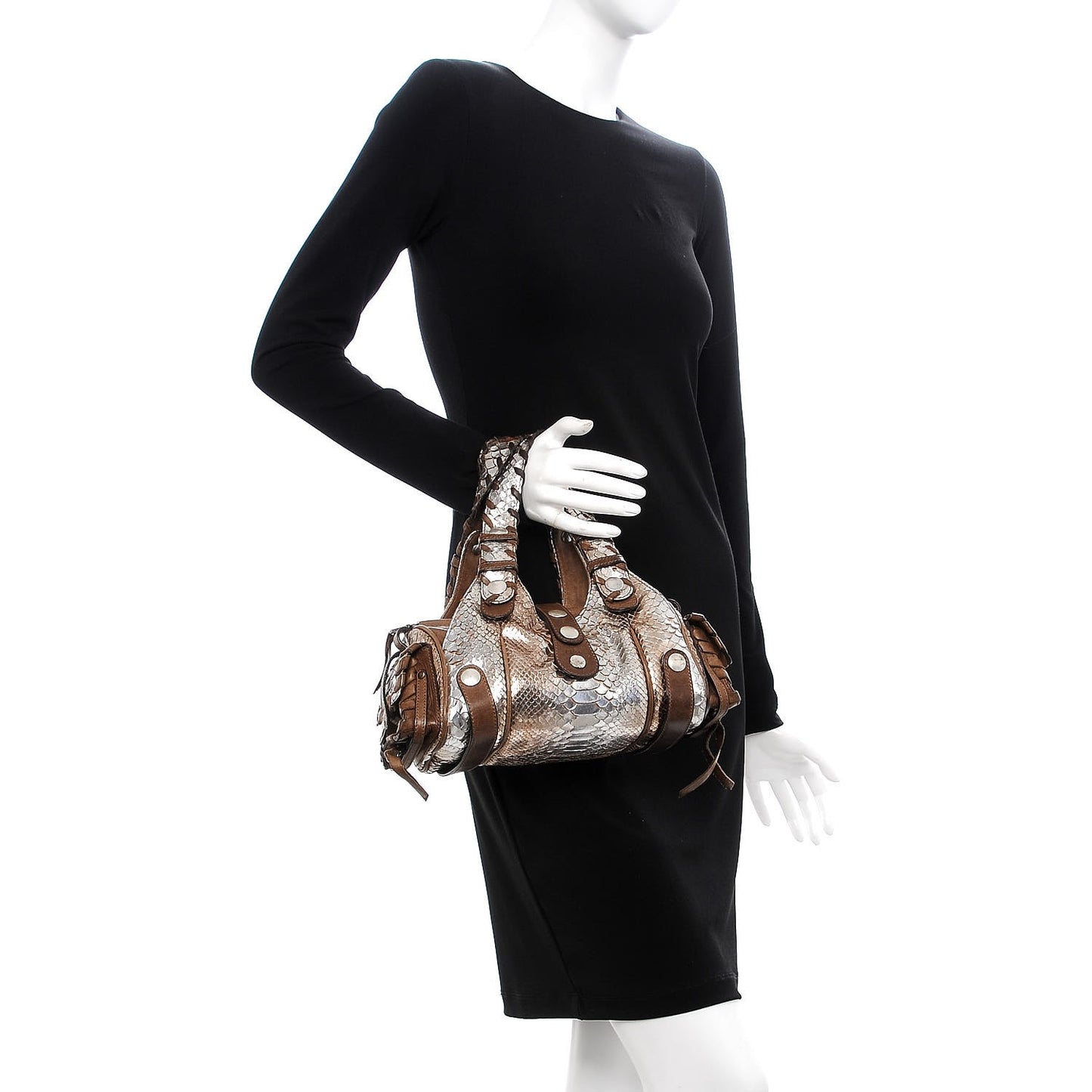 Metallic Python Calfskin Silverado Shoulder Bag Silver Brown