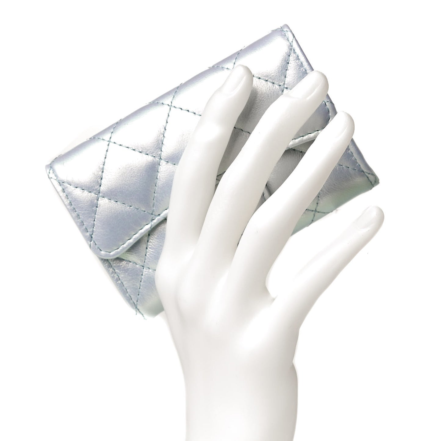 Iridescent Calfskin Quilted Flap Card Holder Light Blue