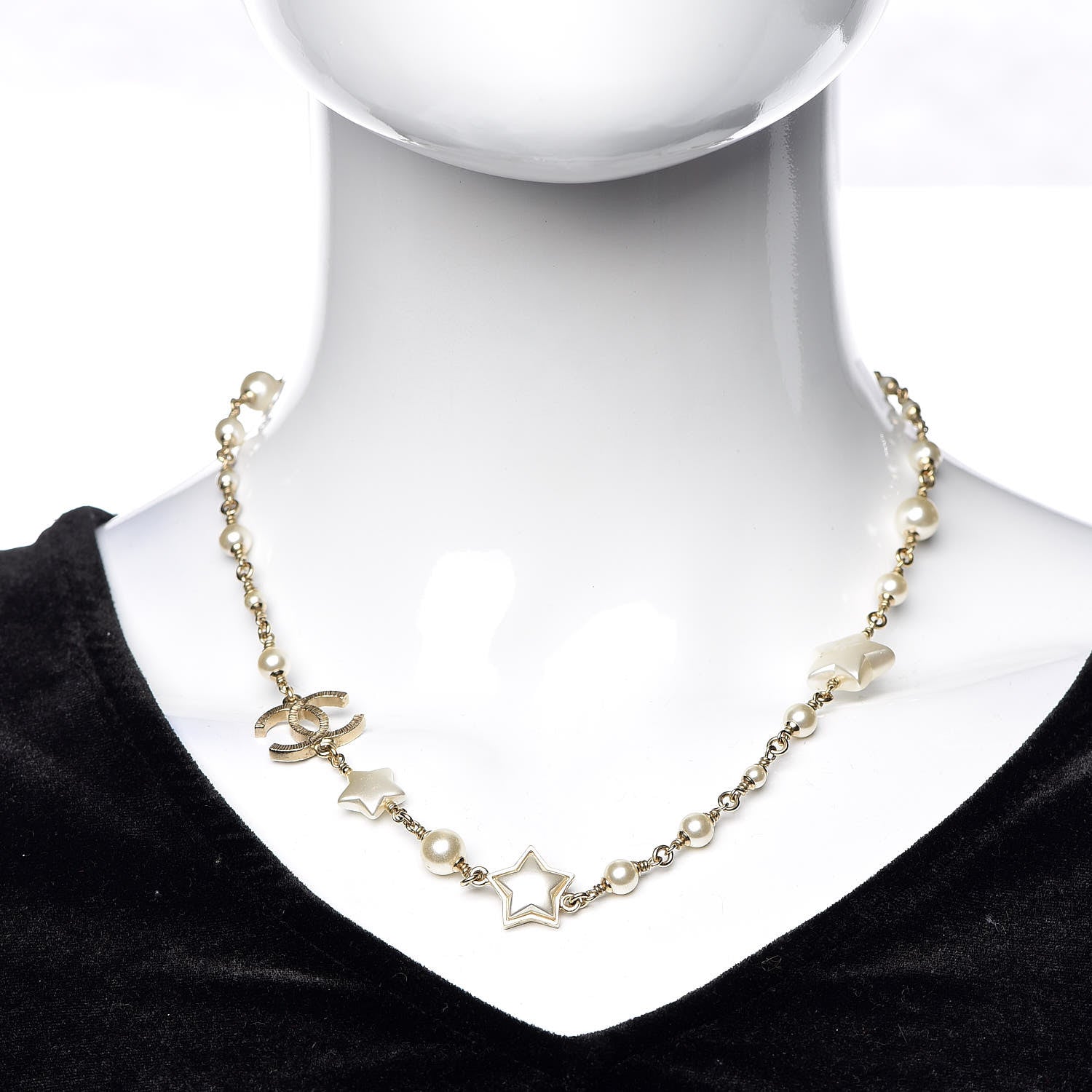 Chanel Metal Resin Pearl Star CC Necklace Gold 2 of 5