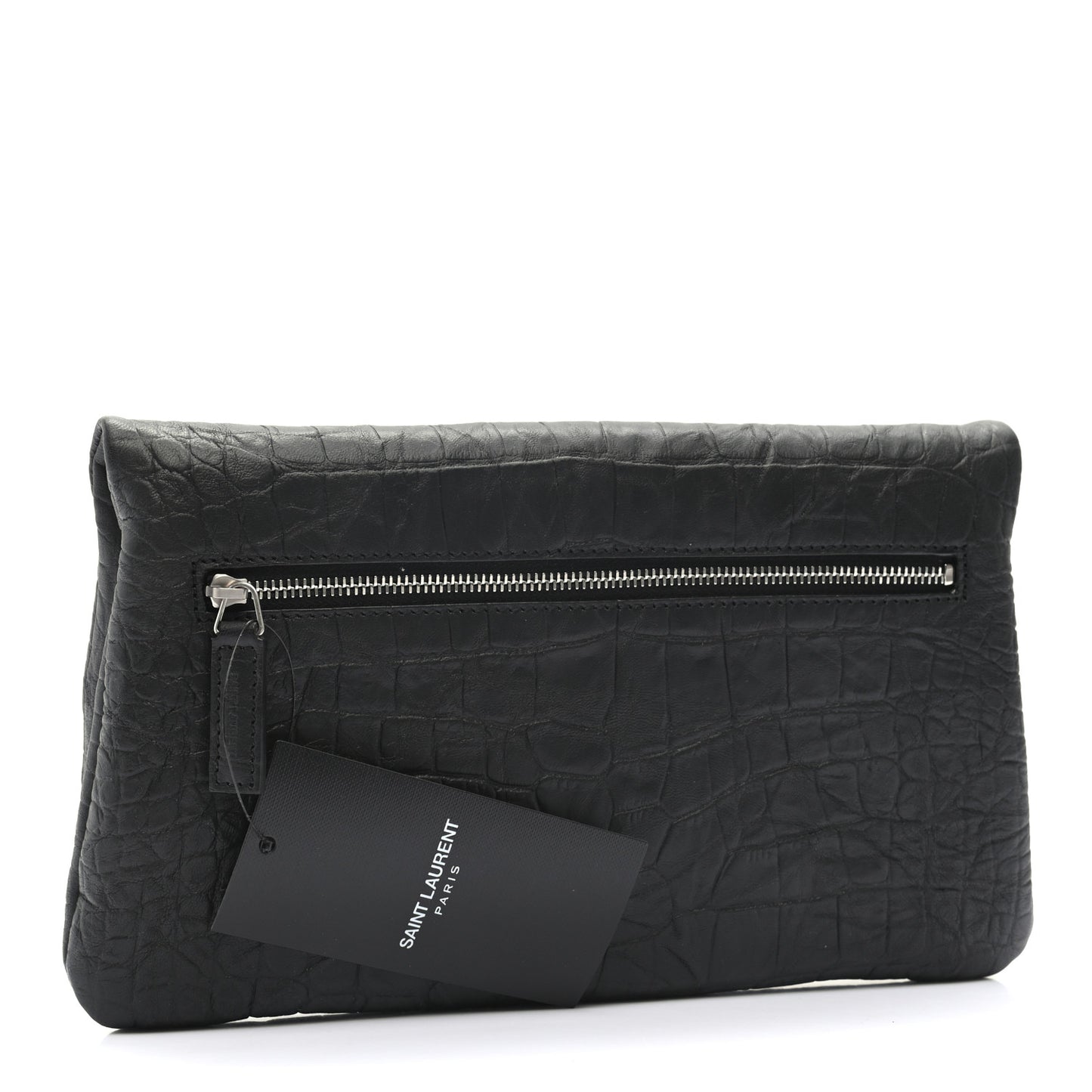 Calfskin Crocodile Embossed West Hollywood Monogram Fold Over Clutch Black