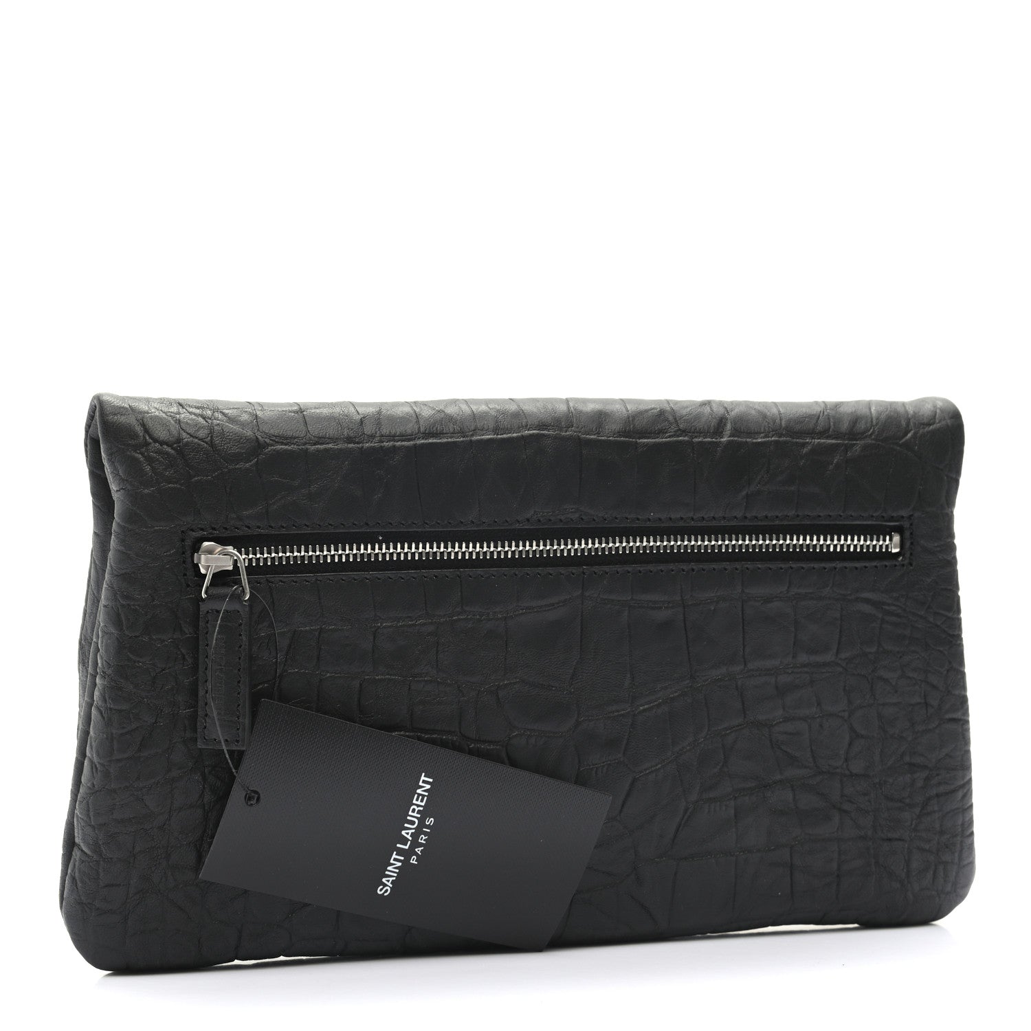 Saint Laurent Calfskin Crocodile Embossed West Hollywood Monogram Fold Over Clutch Black 3 of 8