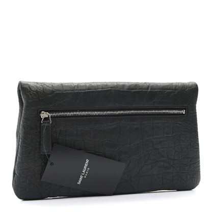 Saint Laurent Calfskin Crocodile Embossed West Hollywood Monogram Fold Over Clutch Black 3 of 8