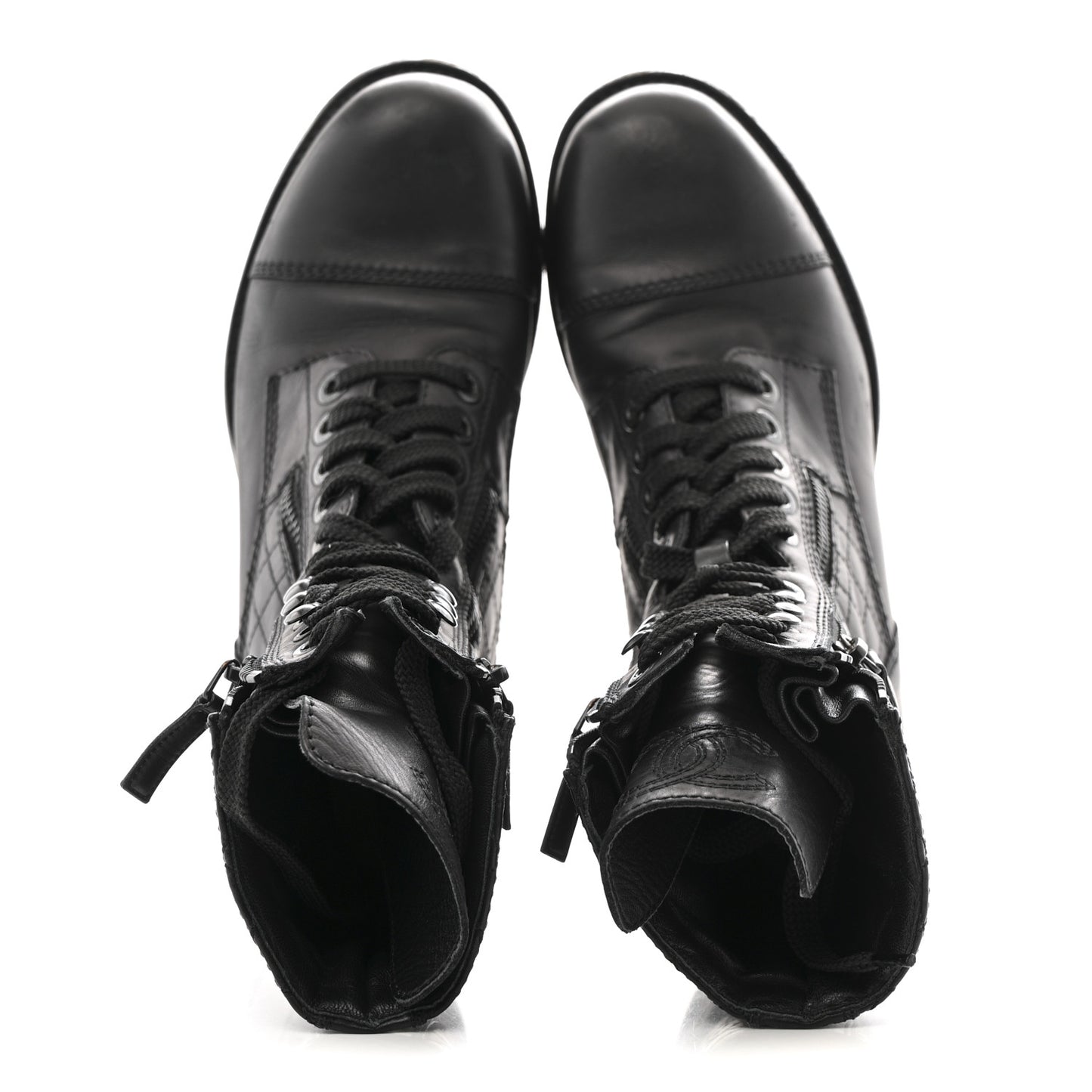 Calfskin Quilted Lace Up Combat Boots  38 Black