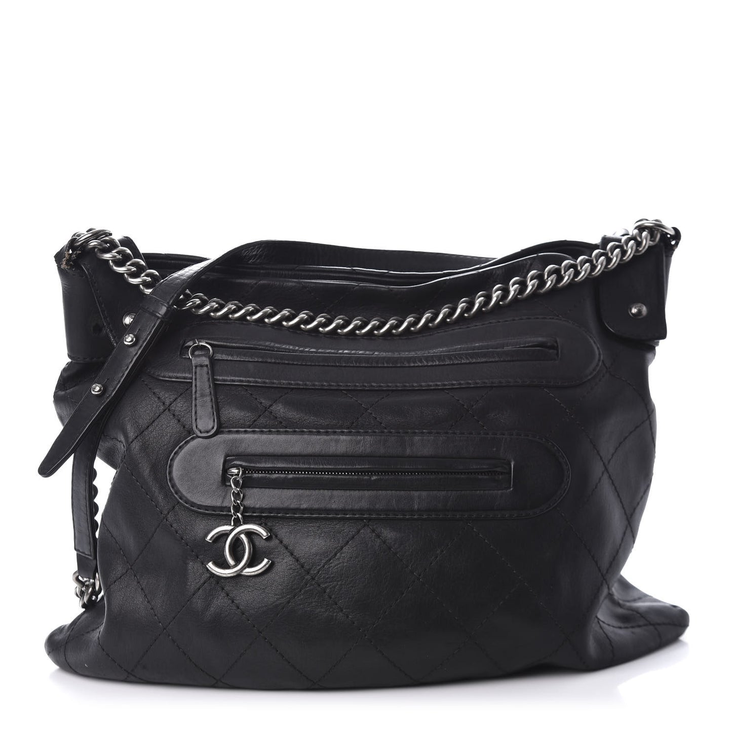 Calfskin Stitched Double Zip Hobo Black