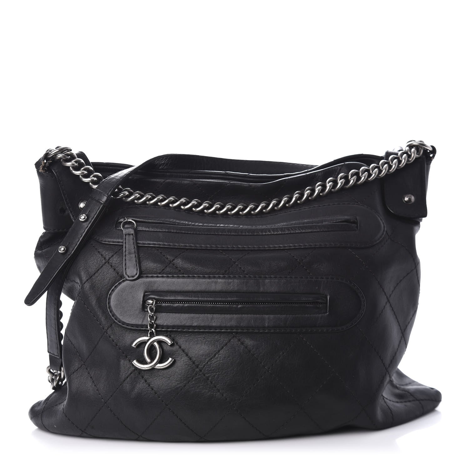 Chanel Calfskin Stitched Double Zip Hobo Black 1 of 12