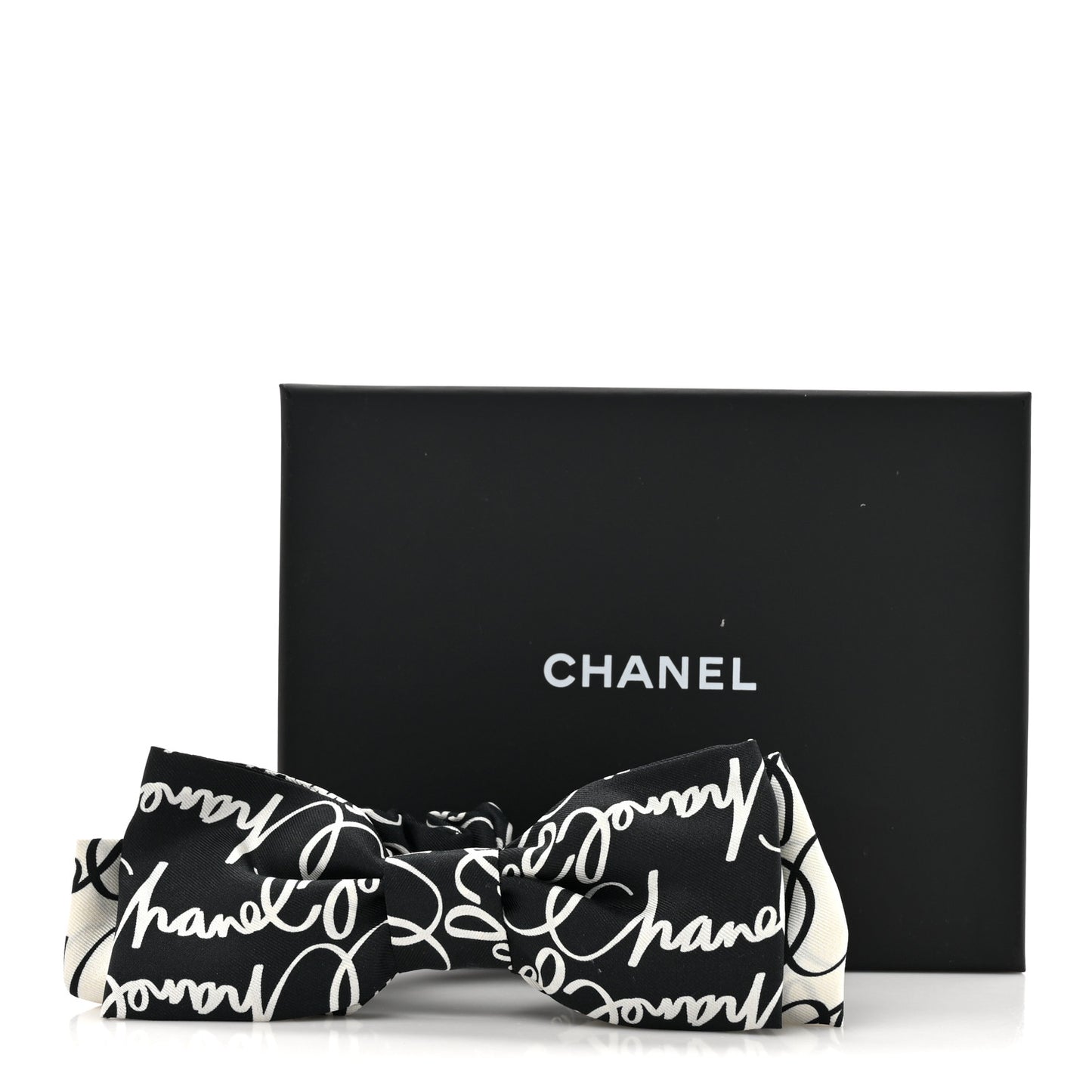 Silk Twill Logo Bow Hair Tie Black White