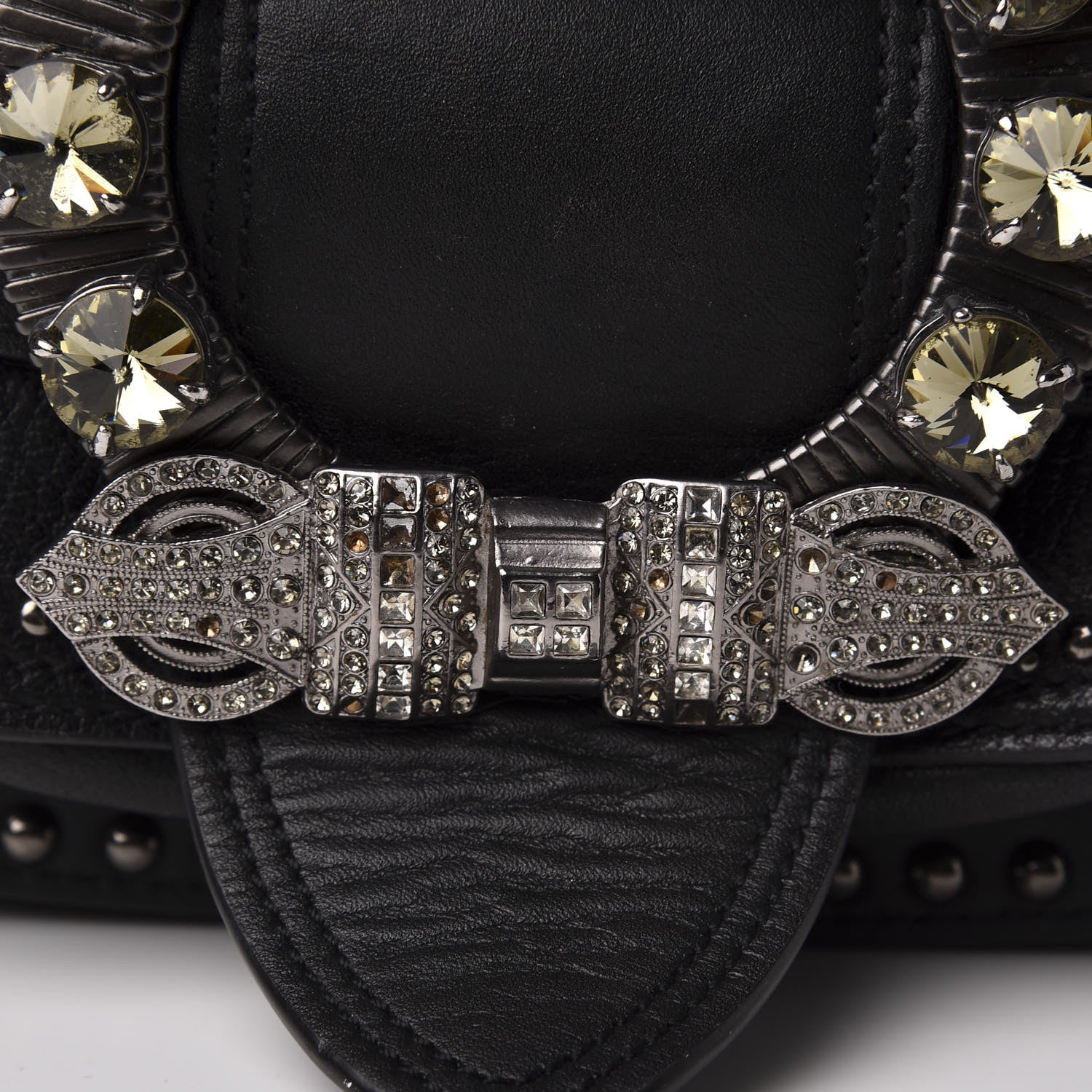 Miu Miu Goatskin Madras Soft Calfskin Crystal Embellished Dahlia Shoulder Bag Black 14 of 16