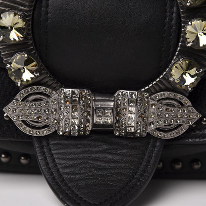Miu Miu Goatskin Madras Soft Calfskin Crystal Embellished Dahlia Shoulder Bag Black 14 of 16