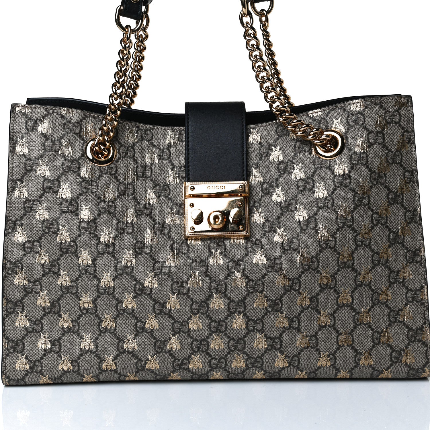 Gucci GG Supreme Monogram Bees Medium Padlock Tote Beige Oro Black 9 of 16