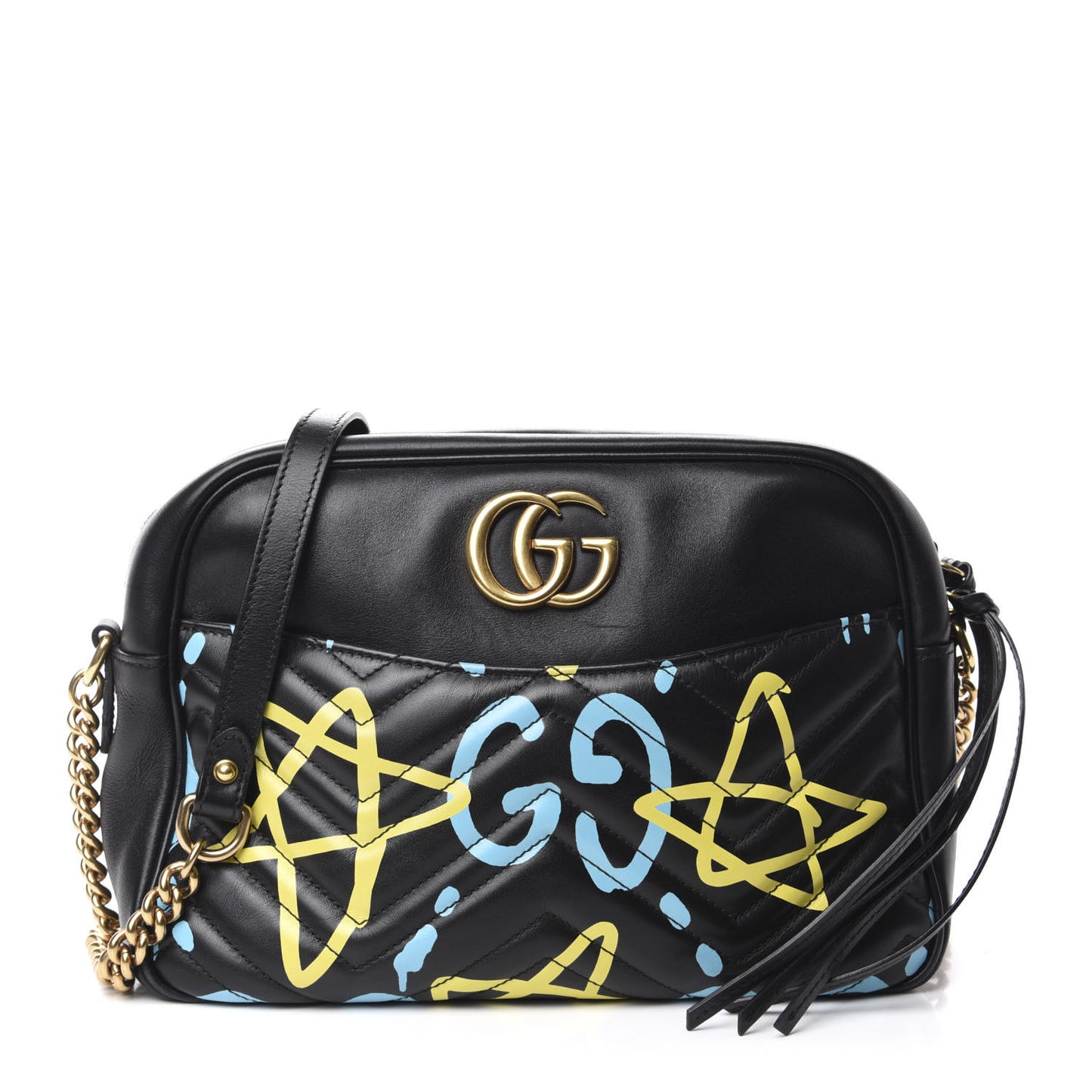 Calfskin Matelasse GucciGhost Medium GG Marmont Chain Shoulder Bag Black New Acquamarine