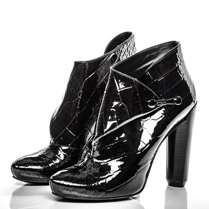 Louis Vuitton Patent Calfskin Crocodile Embossed Delft Cornelia Ankle Boots 38.5 Black 3 of 6