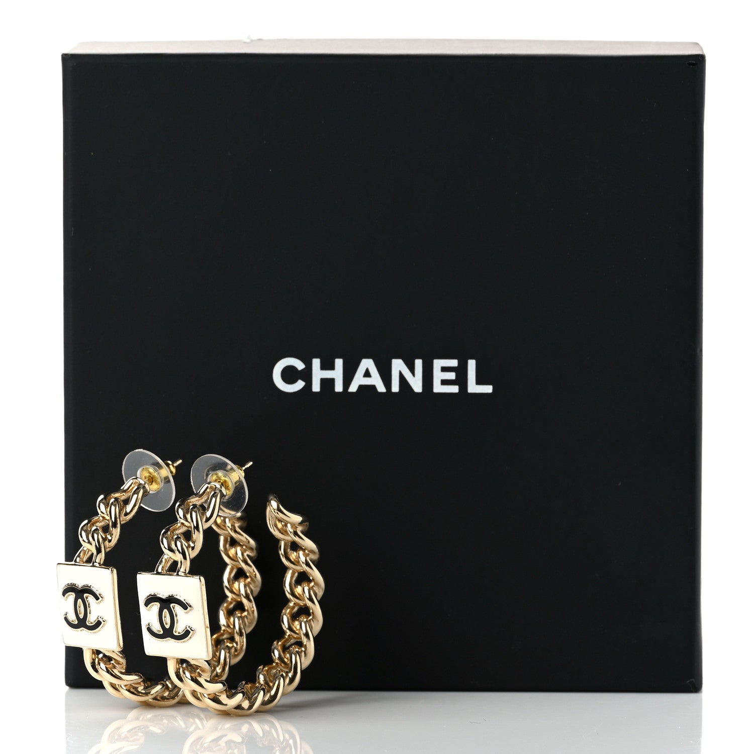 Chanel Metal Enamel CC Square Chain Hoop Earrings Gold White 5 of 5