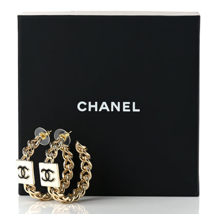 Chanel Metal Enamel CC Square Chain Hoop Earrings Gold White 5 of 5